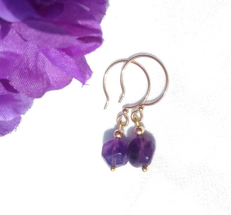 polished gemstone nuggets earrings Natural purple amethyst 14k gold filled hoop earrings February birthstone Aquarius birthstone earrings