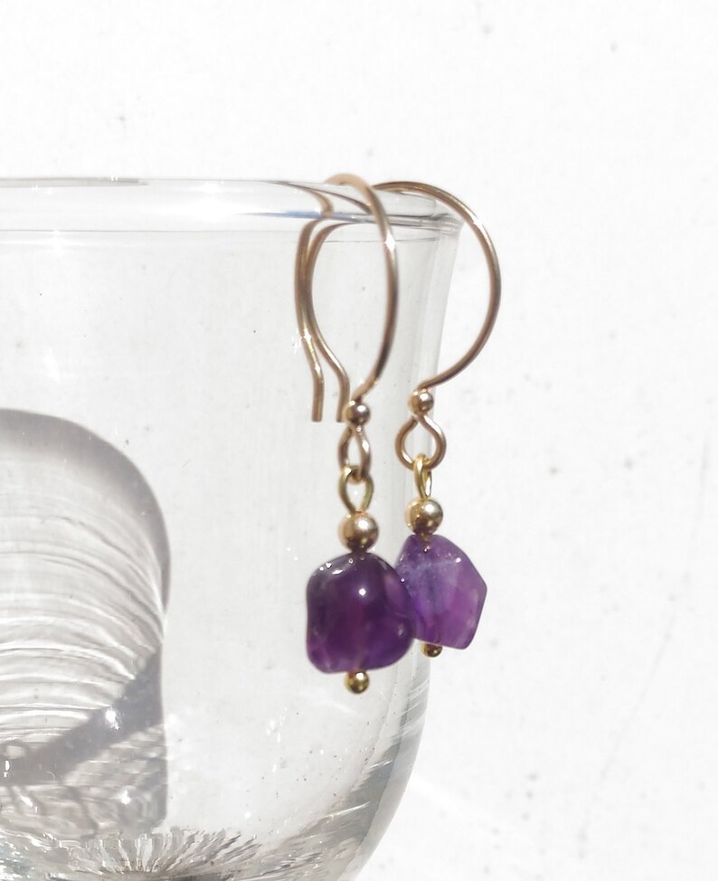 polished gemstone nuggets earrings Natural purple amethyst 14k gold filled hoop earrings February birthstone Aquarius birthstone earrings