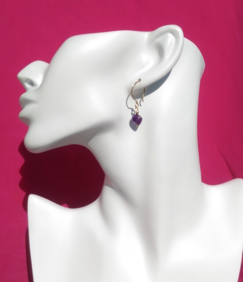 polished gemstone nuggets earrings Natural purple amethyst 14k gold filled hoop earrings February birthstone Aquarius birthstone earrings