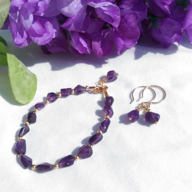polished gemstone nuggets earrings Natural purple amethyst 14k gold filled hoop earrings February birthstone Aquarius birthstone earrings
