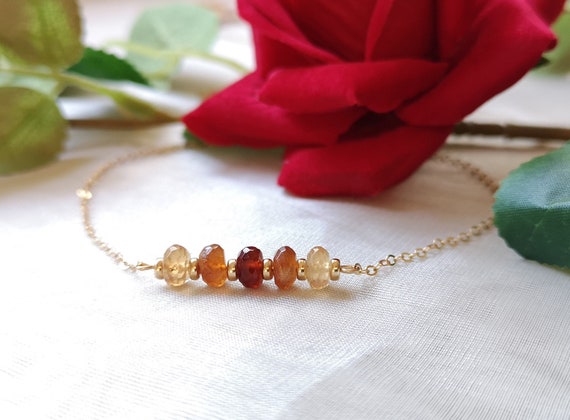 Natural hessonite garnet bracelet, January birthstone, ombre gemstone bar bracelet, 14k gold filled, red orange yellow crystal, elegant gift