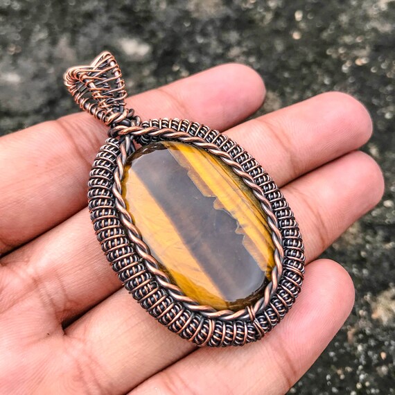 Tigers Eye Pendant Wire Wrapped Copper Handmade Protection Stone Bold Jewelry Gift