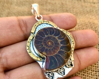 Ammonit Fossil Anhänger 925 Silber Vergoldet Spiral Muschel Boho Halskette Geschenk für Sie