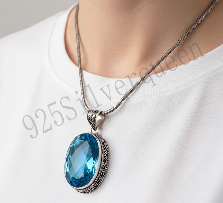 Pendentif Topaze Bleu Argent 925 Plaqué Or - Neuf Avec étiquettes, Made In France - Bijou Minéraux