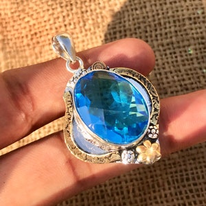 December Birthstone, Gold Plated Jewelry, Two Tone Jewelry, Silver Plated Topaz Pendant, Faceted Topaz, Blue Topaz Large Pendant, Gift for h