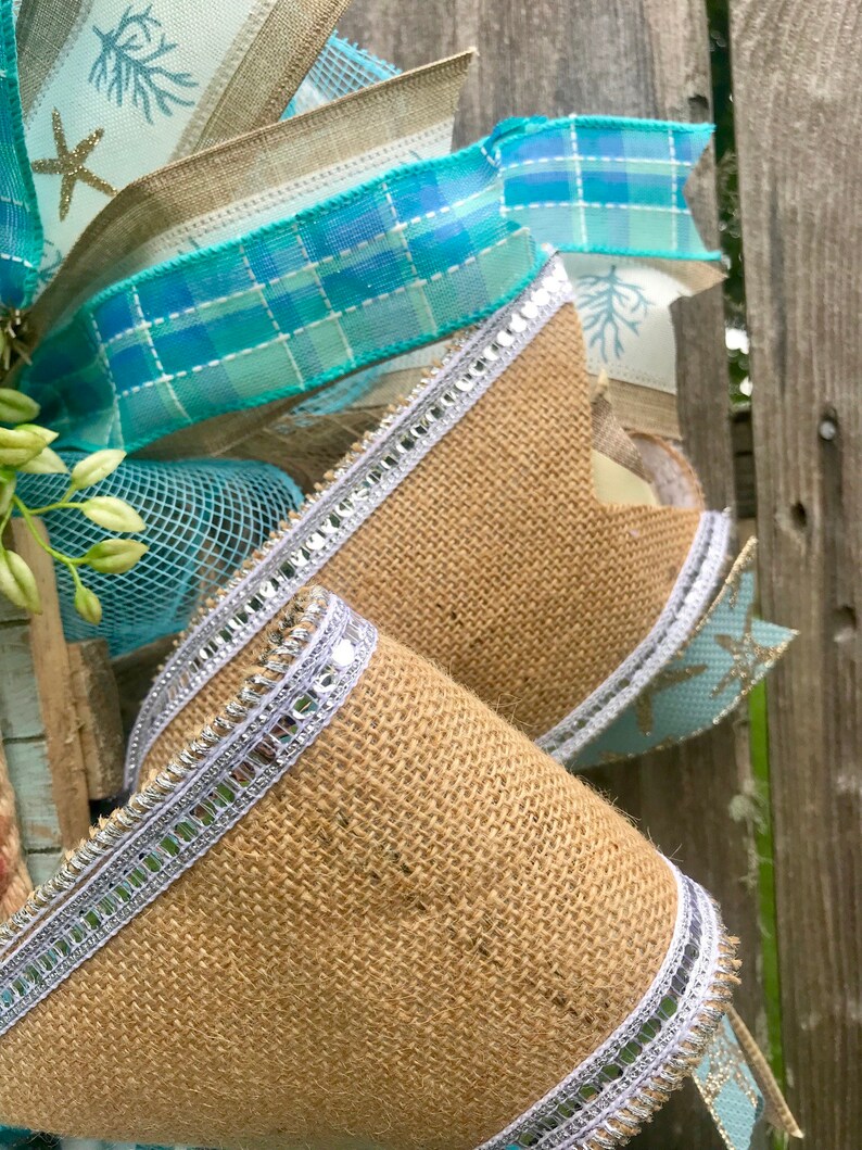Coastal Wreath Summer Wreath Beach Wreath Seashell Wreath Starfish Wreath Burlap Deco Mesh Wreath with Seashells Welcome Wreath