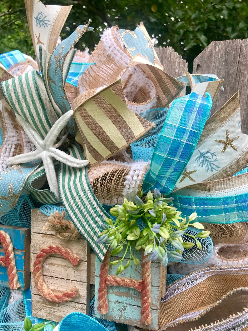 Coastal Wreath Summer Wreath Beach Wreath Seashell Wreath Starfish Wreath Burlap Deco Mesh Wreath with Seashells Welcome Wreath