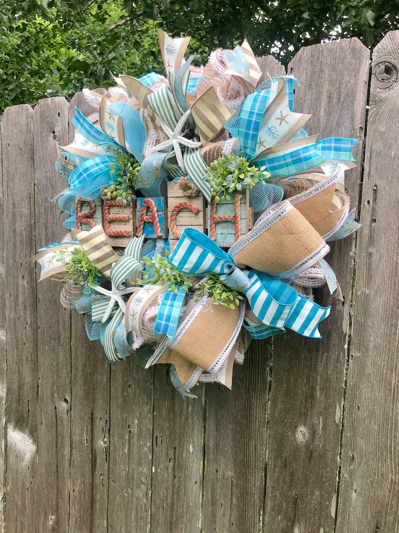 Coastal Wreath Summer Wreath Beach Wreath Seashell Wreath Starfish Wreath Burlap Deco Mesh Wreath with Seashells Welcome Wreath