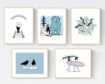 Ocean Art Print Set  - Tofino Wall Art - Cottage Decor - Fun PNW Illustration - Coastal Gifts - Five Playful Drawings - Made in Canada