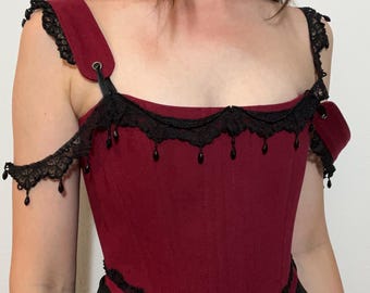 Crimson Nocturne - dark academia burgundy cotton twill corset with removable shoulder straps