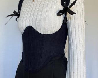 Vändbar korsett under bysten i mörkblå bomullsmanchester/svart bomullstwill