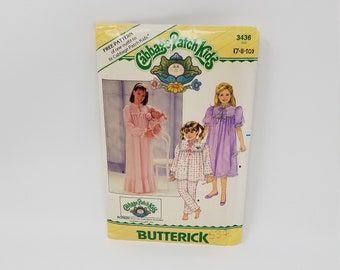 Cartamodello vintage 1985 per Butterick Cabbage Patch Kids: camicia da notte, top e pantaloni per bambine (taglie 7-8-10)