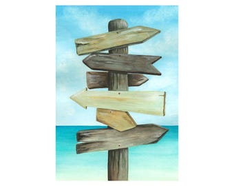 Customizable Coastal Directional Sign – Watercolor Archival Giclée Print – Personalized Beach House Decor
