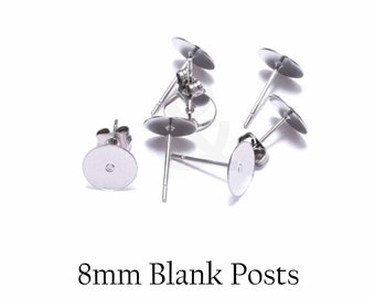 8mm Blank Earring post and Backs (100pcs) | Stainless steel  earring stud Base | Earring Findings |