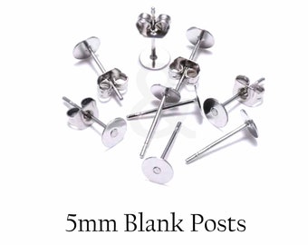 5mm Blank Earring post and Backs (100pcs) | Stainless steel  earring stud Base | Earring Findings | Jewellery Findings
