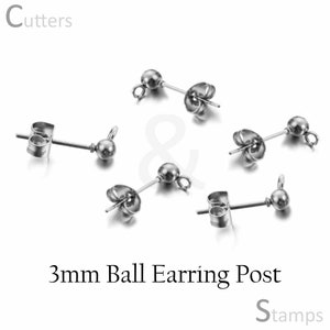3mm Ball Earring post and Backs - 5 Pairs (10Pack) | Stainless steel earring stud Base for Dangle earring creation | Earring Findings |