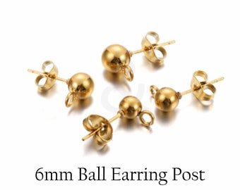 6mm Ball Earring post and Backs - 5 Pairs (10Pack) | Stainless steel earring stud Base for Dangle earring creation | Earring Findings |