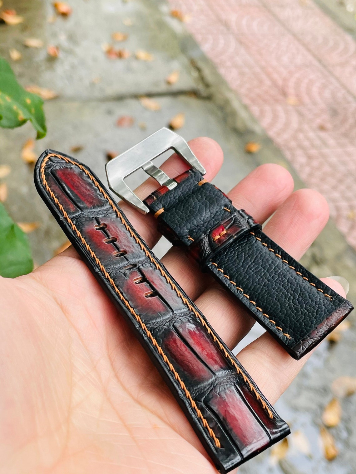 Hand dyed patina reddish brown crocodile leather watch strap | Etsy