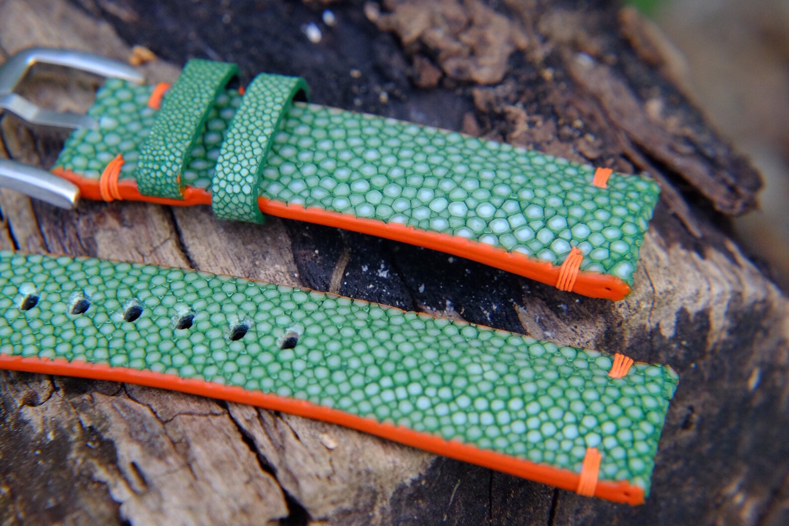 Green Stingray Leather Handmade Watch Strap With Orange Etsy