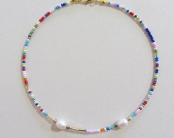 Real pearl necklace, Rainbow bead choker, Thin beaded choker, Rice pearl necklace