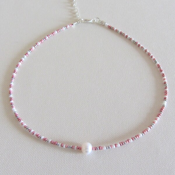 Beaded choker Pearl bead choker White pink silver rainbow delicate beaded choker necklace Adjustable pearl choker single pearl necklaces