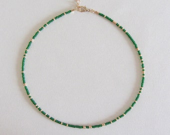 Green Seed Bead Choker Necklace: Handmade Czech Glass Boho Necklace