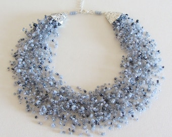 Gray statement necklace seed bead necklace beaded jewelry handmade gift for her christmas boho necklace for woman multistrand necklaces
