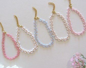 Flower bracelet white and gold, Daisy chain bracelet, Gold Filled Jewelry, Seed bead bracelet