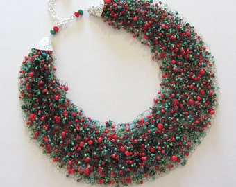 Red Green beaded Christmas necklace, gift for women, to my wife necklace