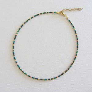 Earthy beaded choker, Seed bead choker necklace, Emerald green and brown necklace, 14k gold jewelry