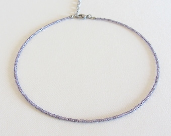 Purple sage seed bead necklace, Stainless steel choker necklace, Dainty beaded necklace, 14k gold plating