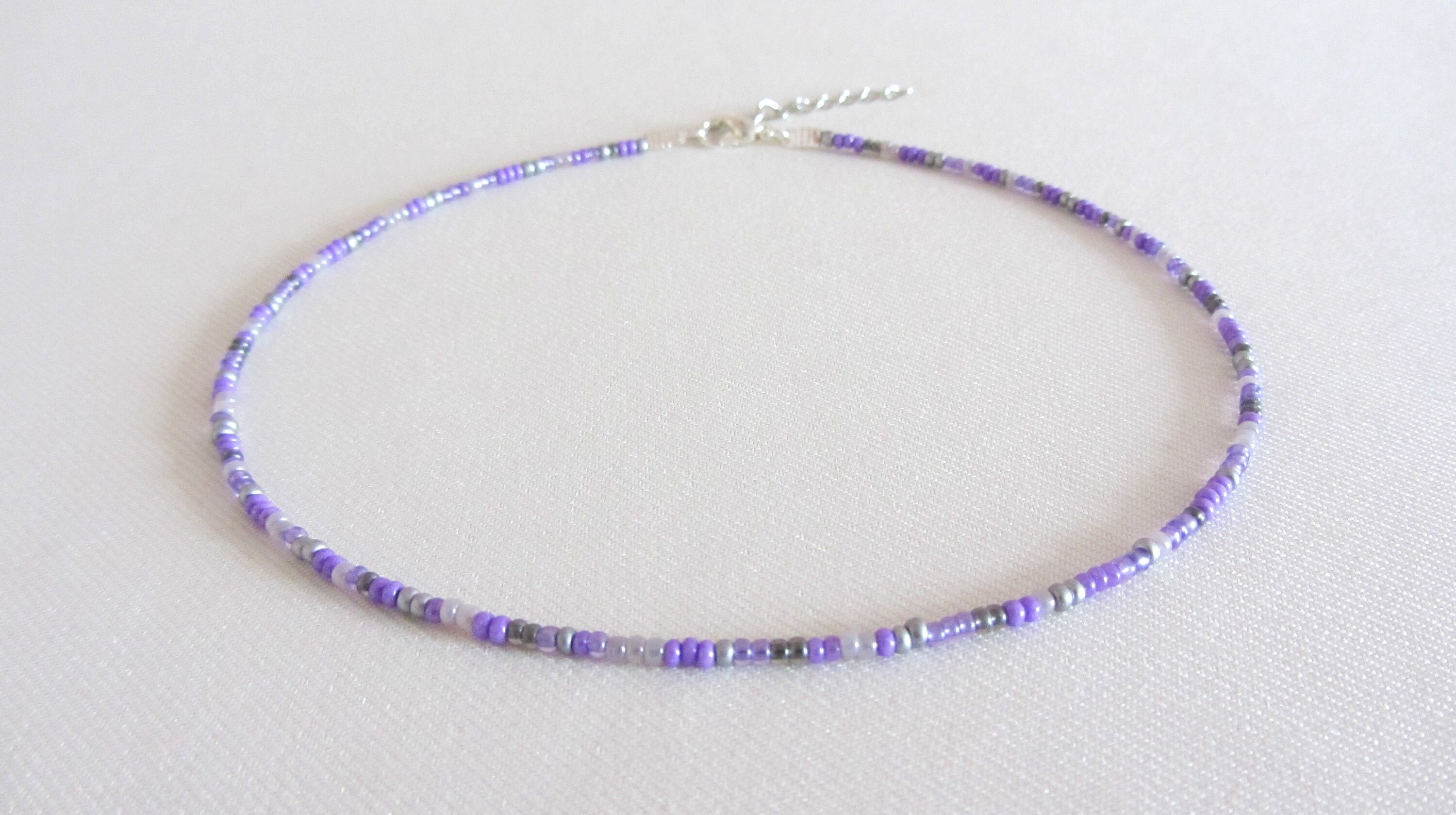 Beaded Choker Necklace Purple Choker Lilac Choker Silver gray | Etsy