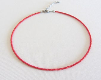 Red seed bead choker, Handmade mini beaded necklace, Stainless steel jewelry