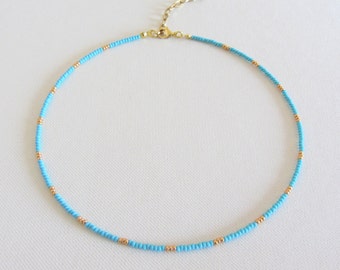 Turquoise choker, Dainty beaded necklace, Choker necklace, Seed bead necklace, 14k gold filled necklace