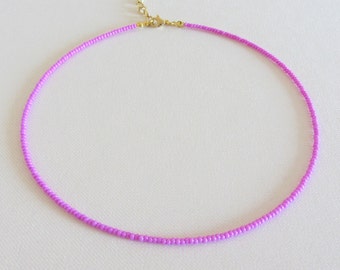 Magenta seed bead necklace, Hot pink choker necklace, Dainty beaded necklace, 14k gold plating