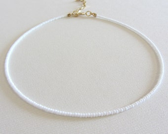 White beaded choker, 18k gold necklace, Seed bead choker necklace, Long necklaces for women