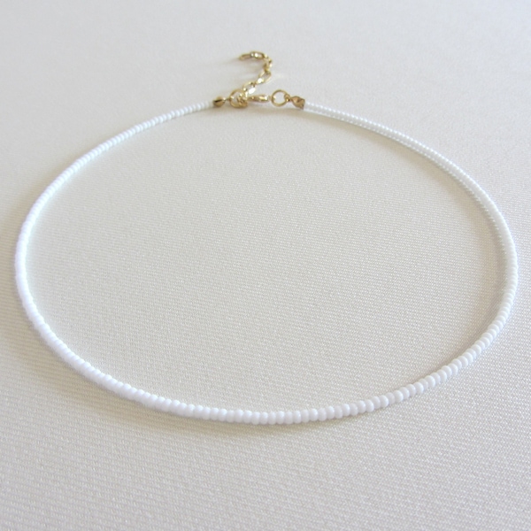 White beaded choker, 18k gold necklace, Seed bead choker necklace, Long necklaces for women