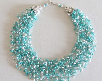 Beaded necklace jewelry handmade turquoise white crocheted necklace necklaces for women seed bead necklace statement necklace birthday gift