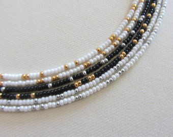 White and gold seed bead choker necklace, Black and silver Boho beaded choker, Long necklaces for women