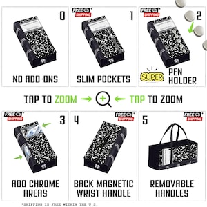 May include: A black composition notebook style zippered pouch with various customization options. The pouch is shown with a chrome accent, a magnetic wrist handle, and a removable handle. The pouch is also shown with a pen holder and slim pockets.