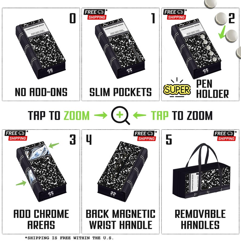 May include: A black composition notebook style zippered pouch with various customization options. The pouch is shown with a chrome accent, a magnetic wrist handle, and a removable handle. The pouch is also shown with a pen holder and slim pockets.