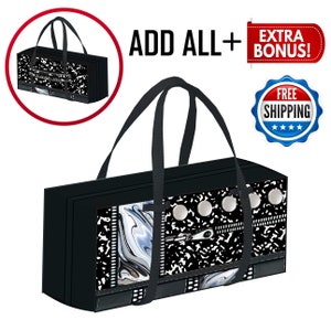 May include: Black tote bag with a zipper and notebook paper design. The bag has two black handles. "ADD ALL + EXTRA BONUS!" and "FREE SHIPPING" are written on the image.