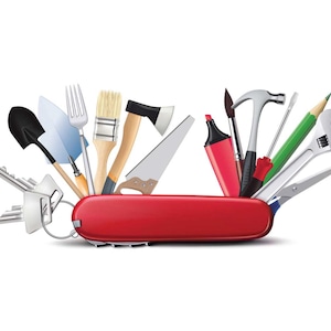 May include: A red multi-tool with various tools extending from it, including a shovel, fork, paintbrush, axe, saw, hammer, marker, screwdriver, pencil, wrench, and scissors. The tools are arranged to resemble a Swiss Army knife.