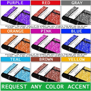 May include: Nine composition notebooks with different colored covers. The covers are purple, red, gray, orange, pink, blue, teal, brown, and yellow. The notebooks have a black zipper and a black pen attached to the cover. The text "COMPOSITION BOOK" is printed on the front of each notebook.