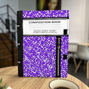 May include: A purple and white speckled composition book cover featuring a black spine with zipper details, a horizontal zipper pocket, and a white label printed with COMPOSITION BOOK, WIDE RULED, 100 SHEETS, 200 PAGES, 9.75 INCH X 7.5 INCH.