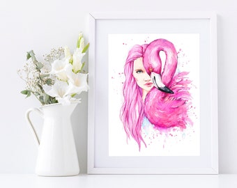 Pink Flamingo & Girl Hand Painted Portrait Watercolor Fashion illustration of woman with pink hair and Flamingo Digital Poster art