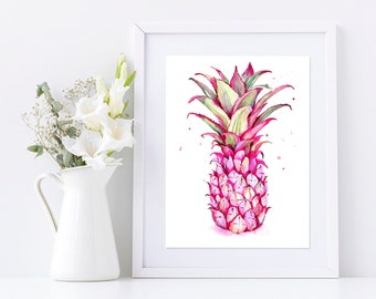 Watercolor Pink Pineapple. Wall Poster, digital printing. Tropical watercolor pineapple. Botanical illustration. Wall art poster. Minimalist