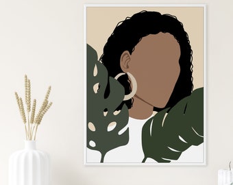 Tropical Woman Print, Female Portrait Print, Boho Print, Bohemian afro lady, Female Art Poster, Tropical Leaves, Abstract Art,