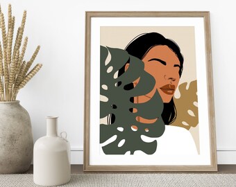 Tropical African Woman Poster, Female Art, Tropical Woman Art, Tropical Leaves, Afro Art, Printable Wall Art, Boho Poster, Feminist Art