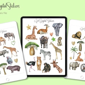 Adesivi digitali animali africani ad acquerello, adesivi scolastici, adesivi pianificatore, adesivi GoodNotes, adesivi digitali animali